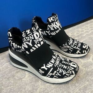 DKNY Black & White Graphic Slip-On Wedge Sneakers